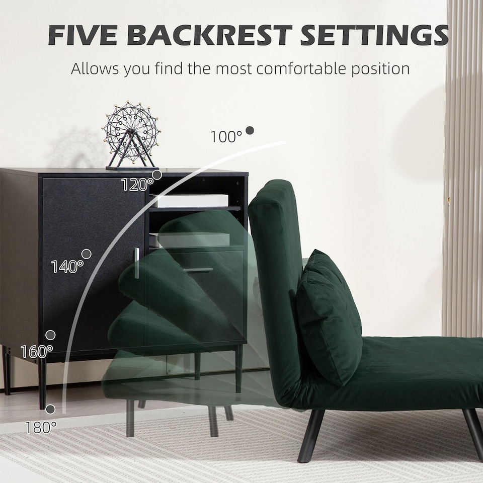 image 1 of HOMCOM 2 Seater Sofa Bed, Click Clack Convertible Bed Settee, Modern Velvet Feel Fabric Sofa Couch with 2 Tufted Cushions, Wood Armrests for Living Room, Bedroom, Guest Room, Green | Green | green | One Size