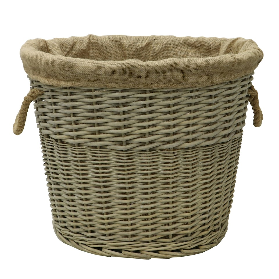 image 1 of JVL Antiques Wash Canvas Lined Oval Log Basket with Rope Handles, 46x57x46 cm Brown