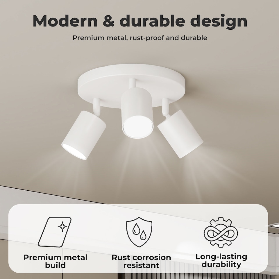 image 1 of EMITTO 3-Way Spotlight Ceiling Light Adjustable GU10 Modern White Round Base