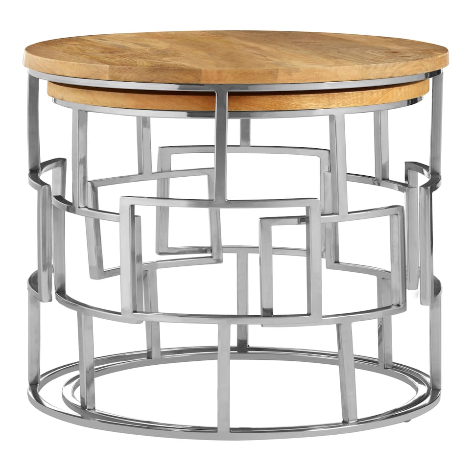 image 1 of Interiors by Premier Natural Mango Wood Nesting Side Tables, Set of 2 Modern Round Tables with Metal Base, Accent Tables