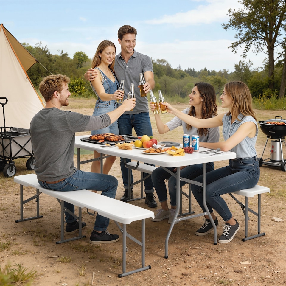 image 1 of Outsunny 3 Piece Folding Picnic Table and Bench Set with Handles, White