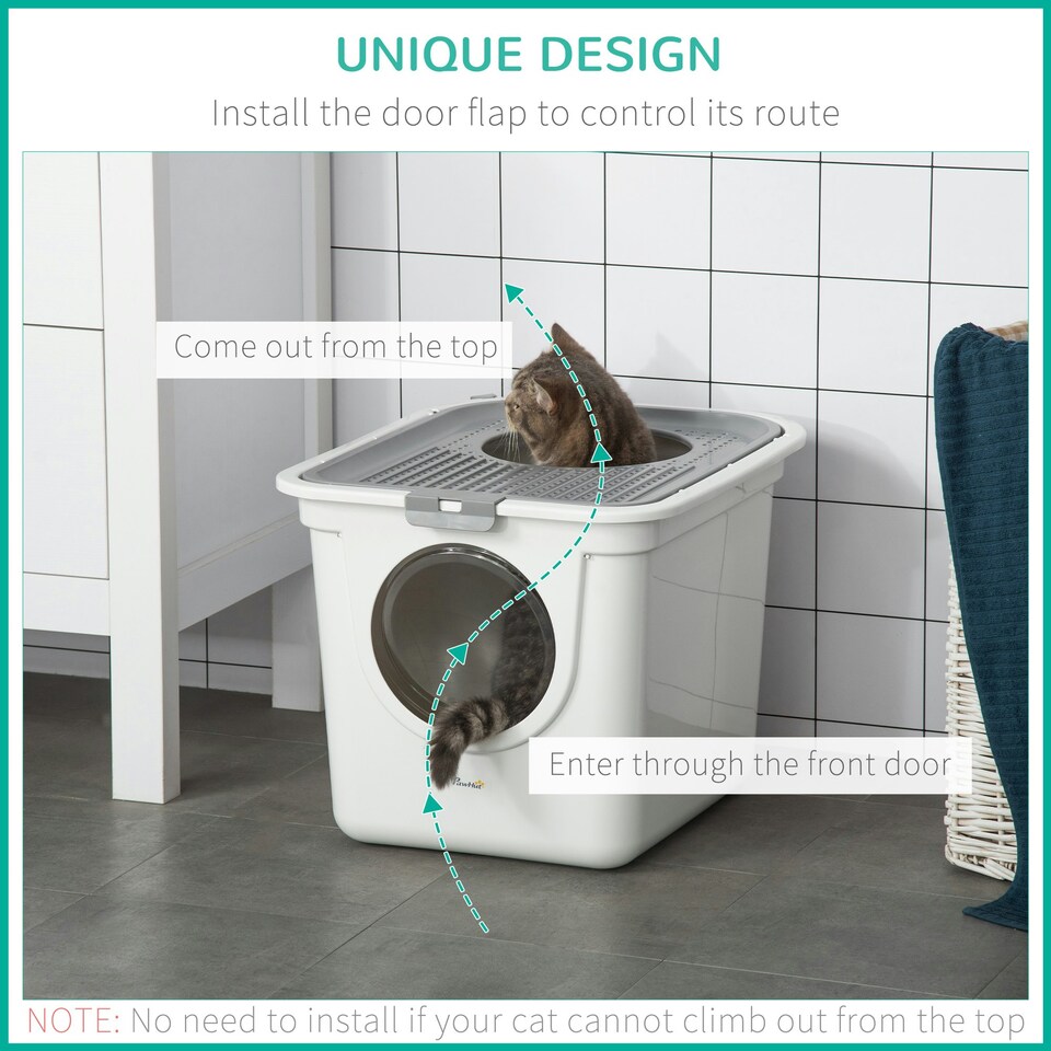 image 1 of PawHut Cat Litter Tray Pet Litter Box w/ Front Entrance, Top Exit, Scoop - White