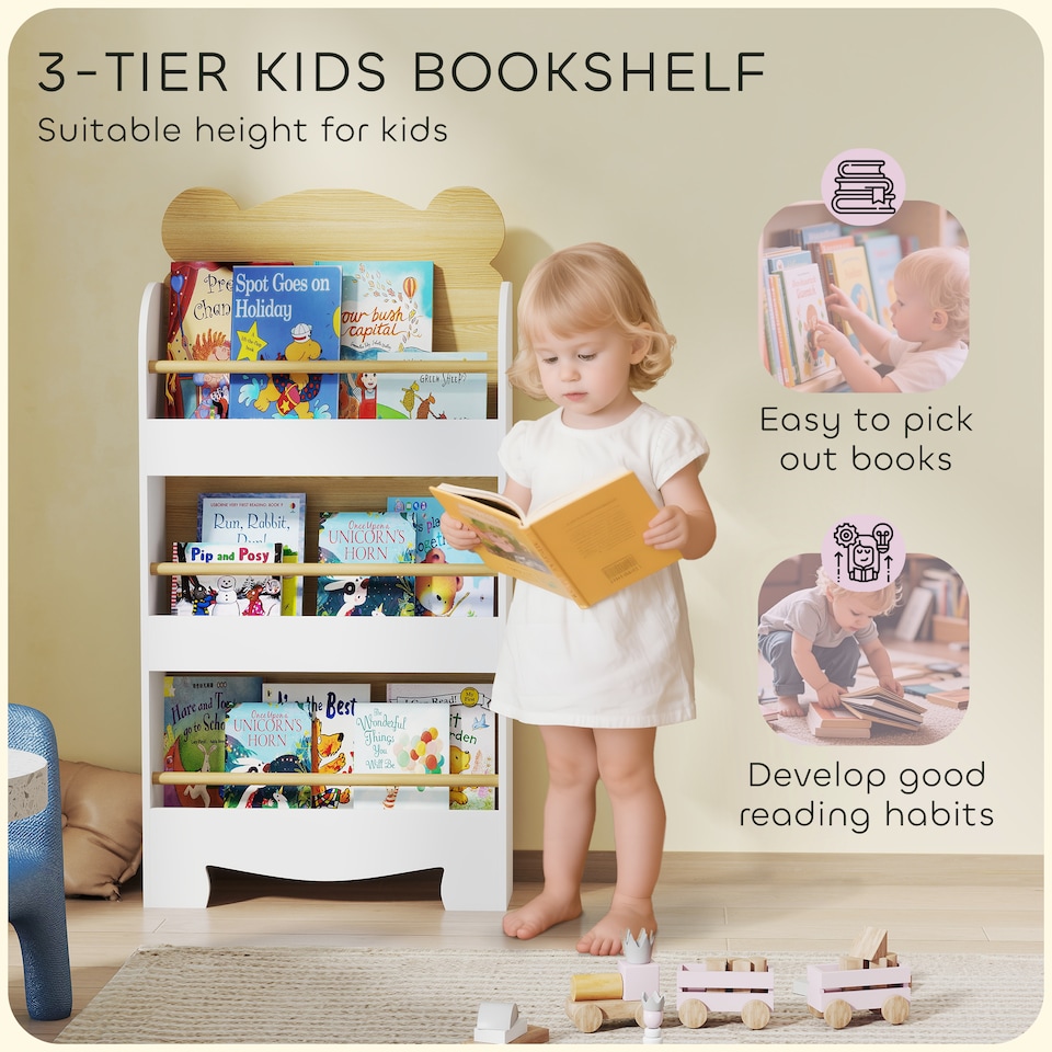 image 1 of AIYAPLAY Kids Bookshelf, 3 Tier Children Bookcase, Bear Theme Toddler Space-Saving Bookcase for Living Room, Kids Room, Playroom, White