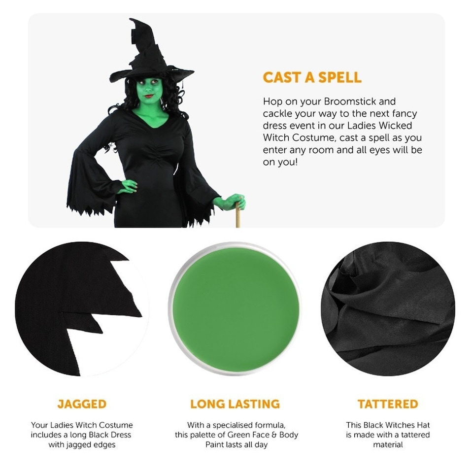 image 1 of Wicked Witch Costume - Dress, Hat & Face Paint Black | S