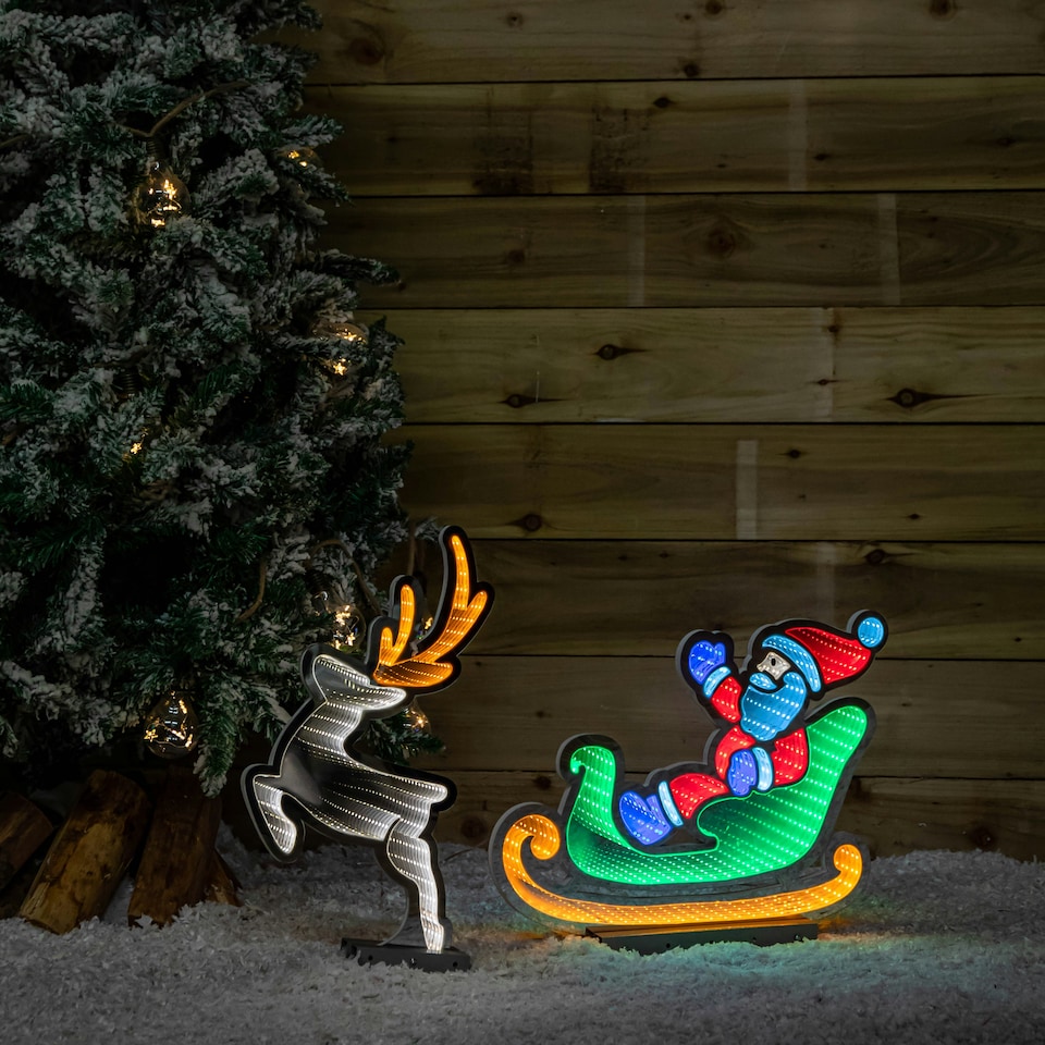 image 1 of 75cm Infinity Santa in Sleigh with Reindeer on Metal Base and Multi-Coloured LEDs