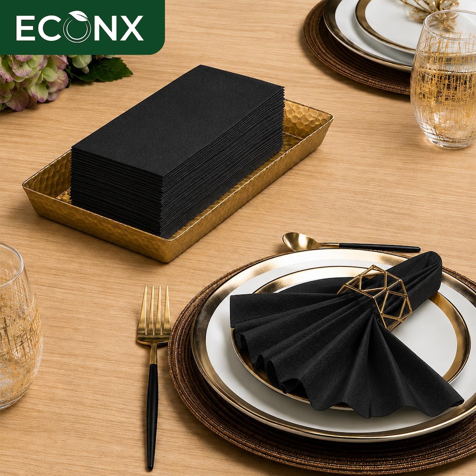 image 1 of ECONX Black Paper Napkins 40cm 2 Ply Strong Paper Napkins Tissue Serviettes Cocktail Napkins Pack of 250