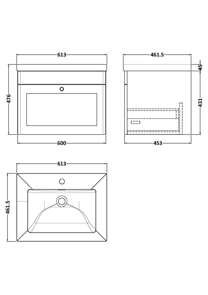 image 1 of Balterley Swynnerton Traditional 1 Drawer Wall Hung Vanity Unit with Fireclay Basin, Satin Grey, 600mm