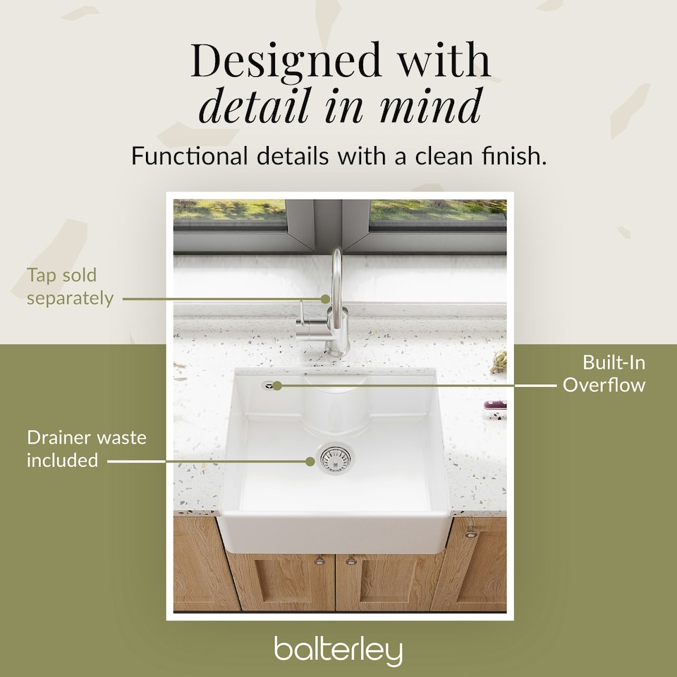 image 1 of 595mm - Single Bowl Fireclay Butler Kitchen Sink - Ledge , Overflow & Waste