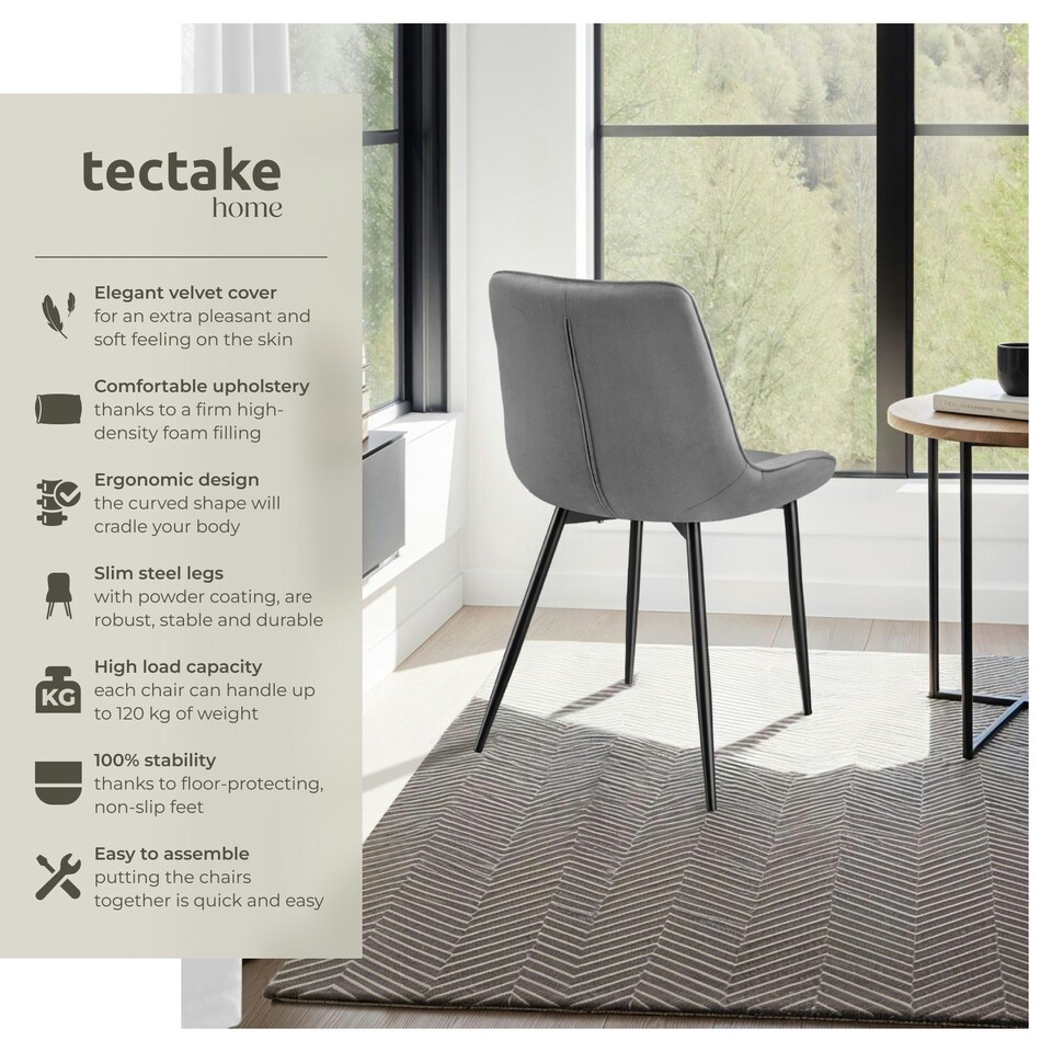 image 1 of Dining Chair Monroe - padded, velvet look, ergonomic seat, black steel legs - Set of 4 Grey