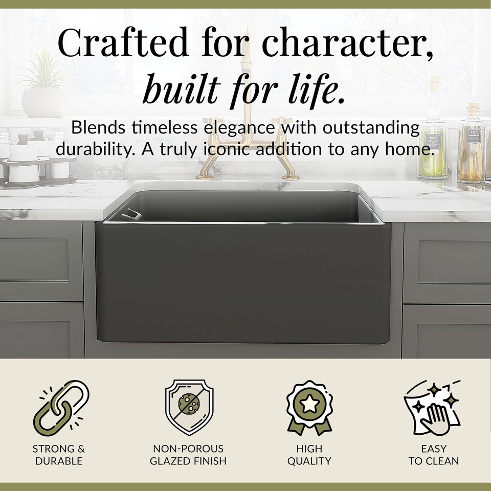 image 1 of Balterley Fireclay Kitchen Single Bowl Belfast Sink with Built In Overflow | Grey | Soft Black | 1