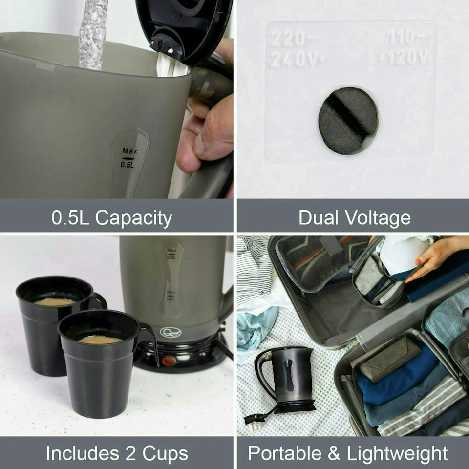 image 1 of Quest 0.5L Travel Kettle With Dual Voltage & 2 Cups - Black