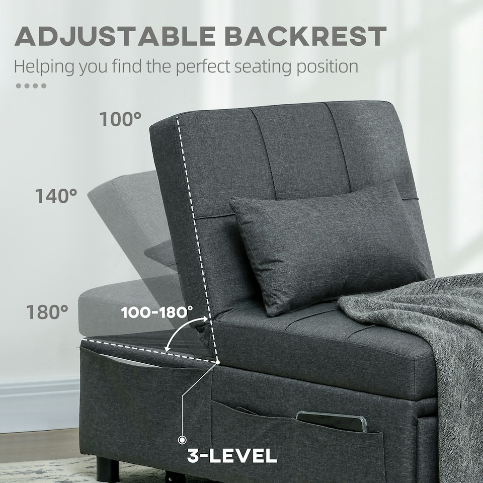 image 1 of HOMCOM Folding Sofa Bed Adjustable Sleeper w/ Pillow Side Pocket, Grey