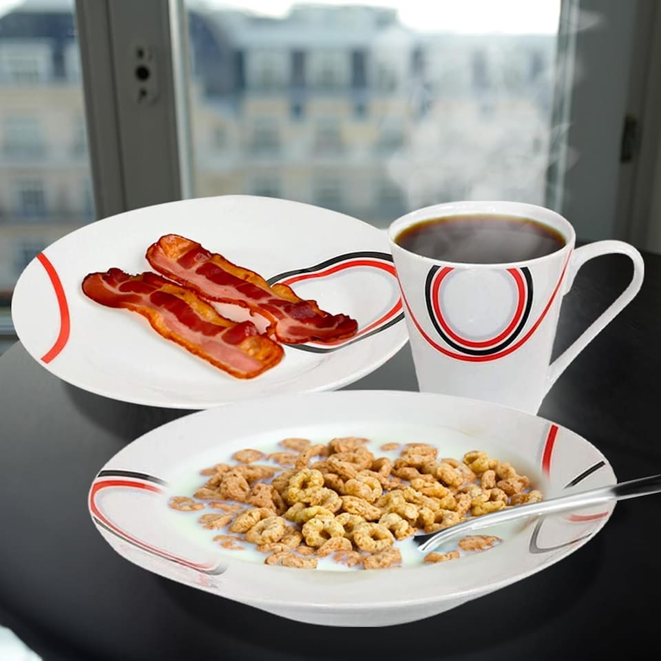 image 1 of 16 Piece Dinner Set Red & Black Pattern Dinnerware Plates Mugs Home