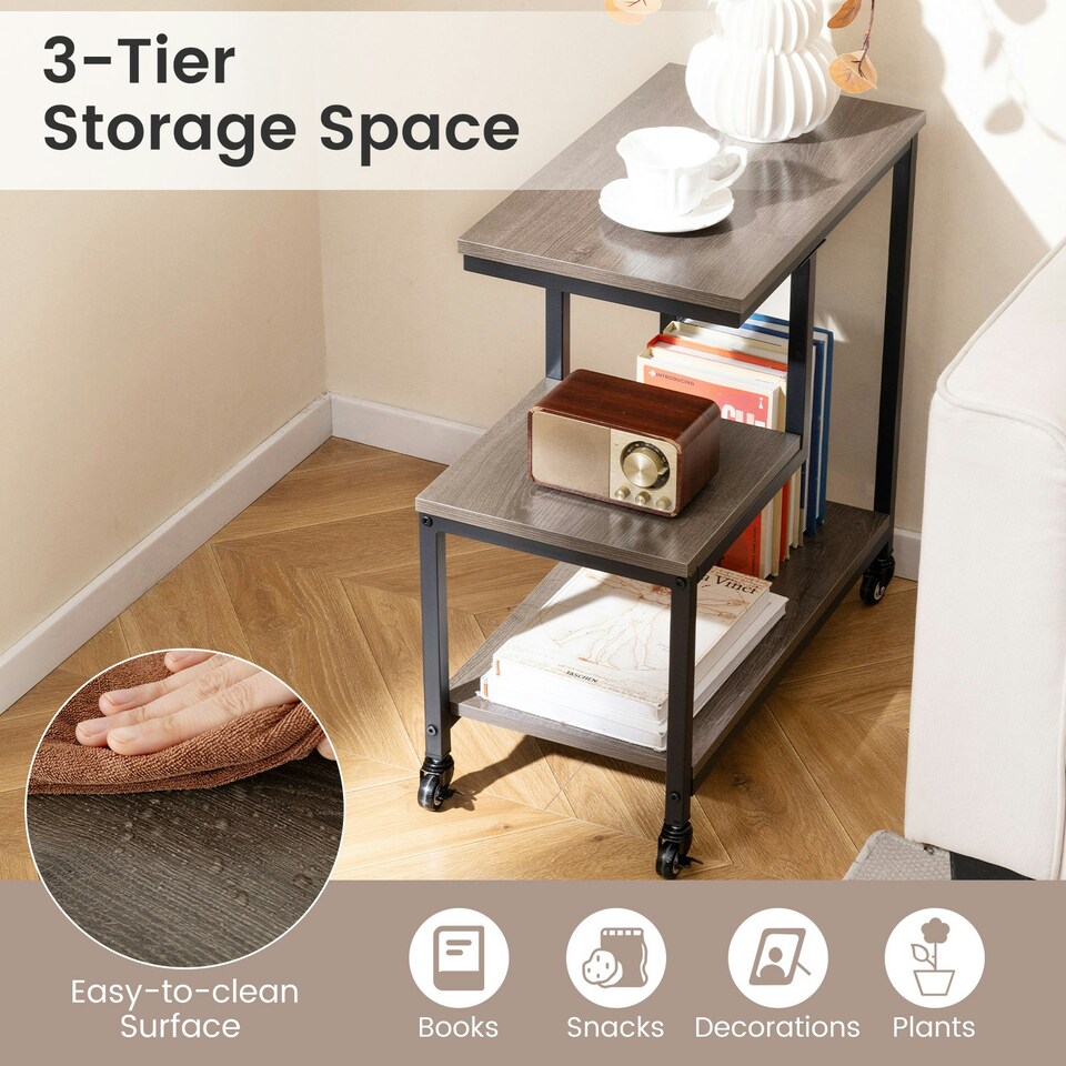 image 1 of COSTWAY G-shaped Side Table 3-Tier Mobile End Table Grey