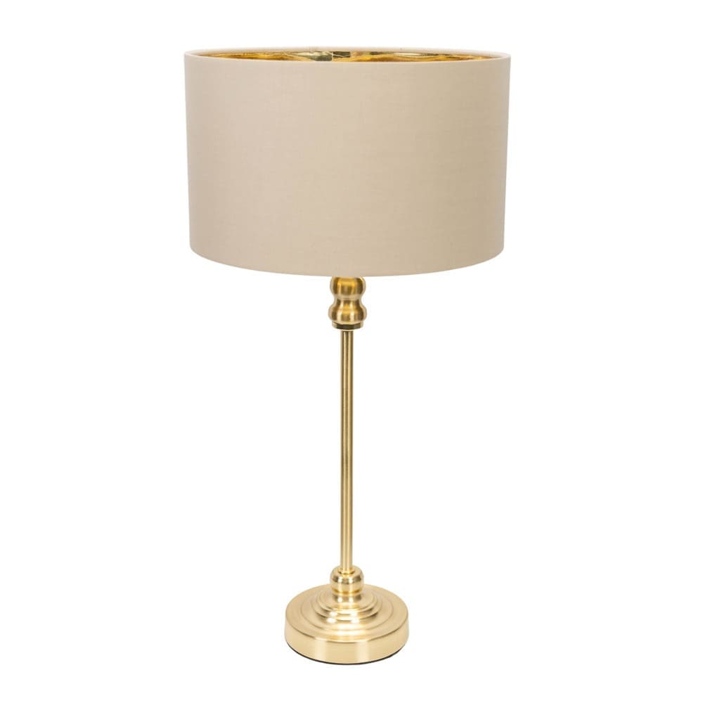 ValueLights Maggie Gold Candlestick Table Lamp with Fabric Drum with Gold Inner Lamp Shade in Natural