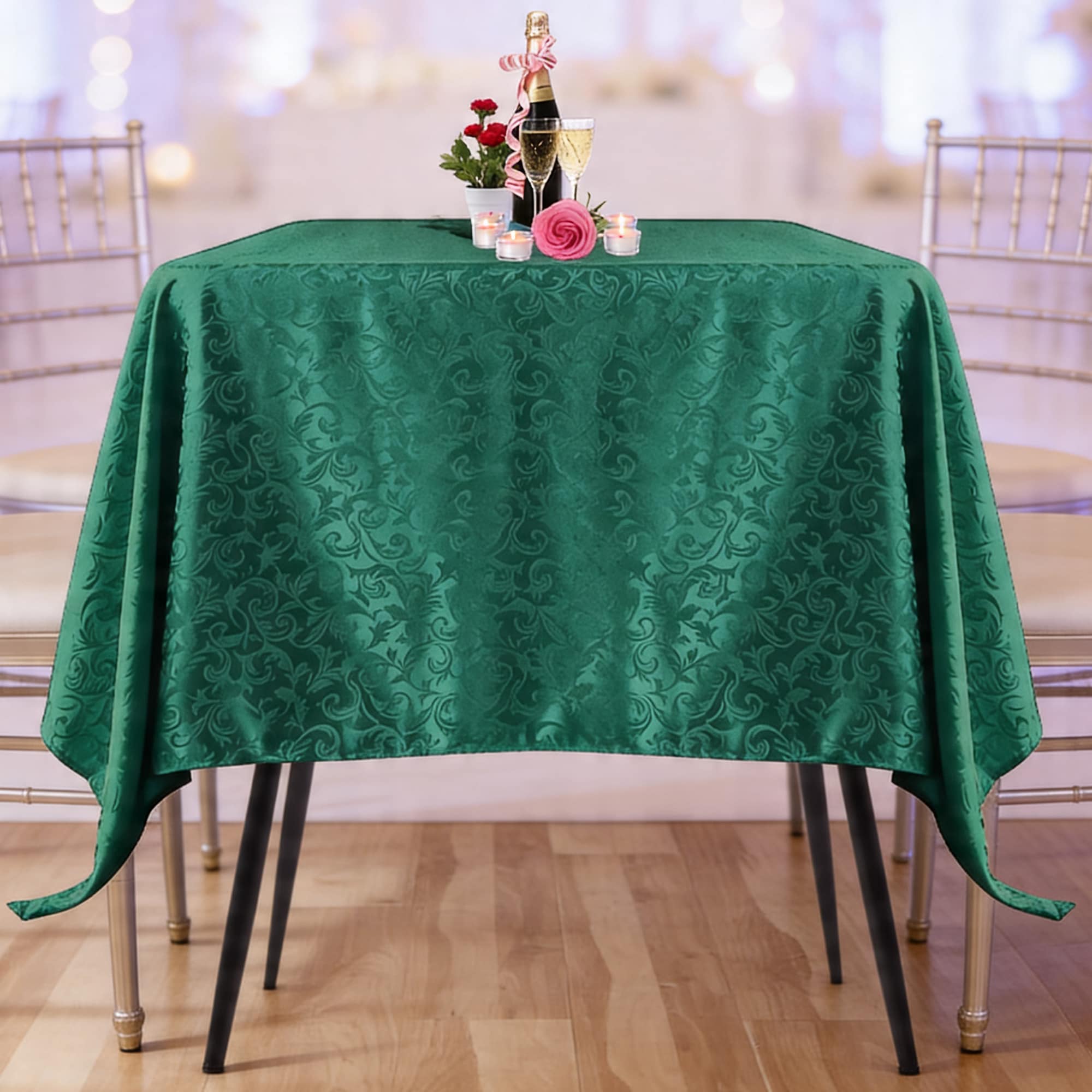 Neel Blue 90" x 90" Square Damask Table, Overlay Branch Swirl Pattern Dinner Table Cover in Green