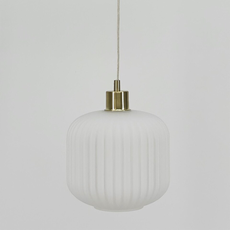 image 1 of Set of 2 Bento - White Ribbed Glass with Satin Brass Pendant Fittings | Gold | White | 2