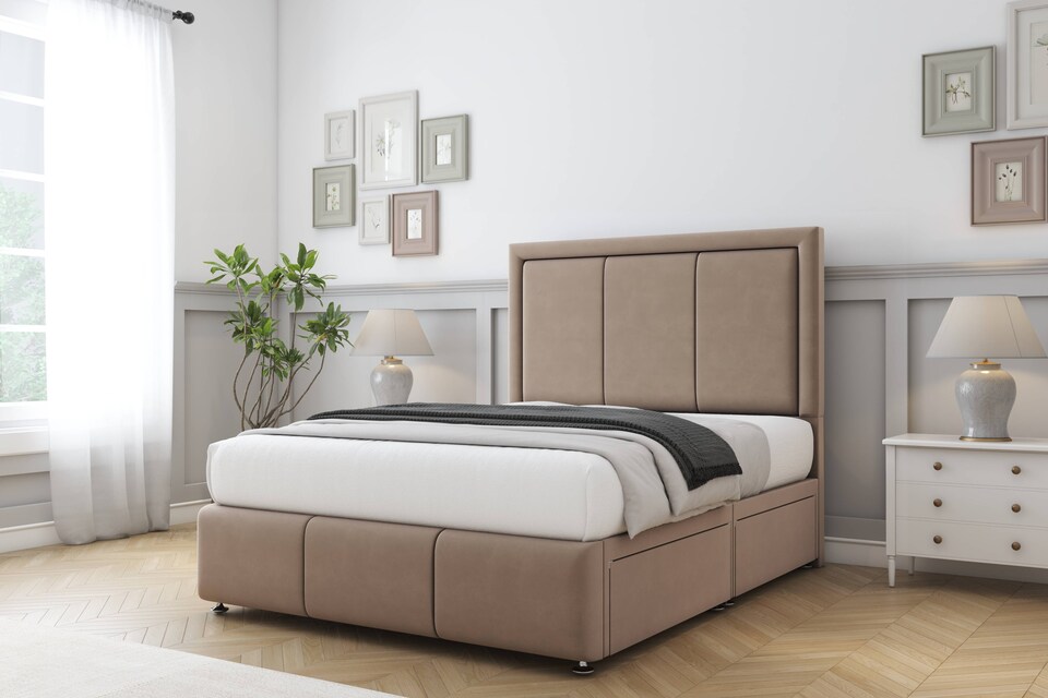 image 1 of Sloomy Lancaster Mink Plush Divan Bed Base 2 Drawers Right Side With 26 Inch Strutted Headboard & 12 Inch Matching Footboard | Brown | Mink | King | 1