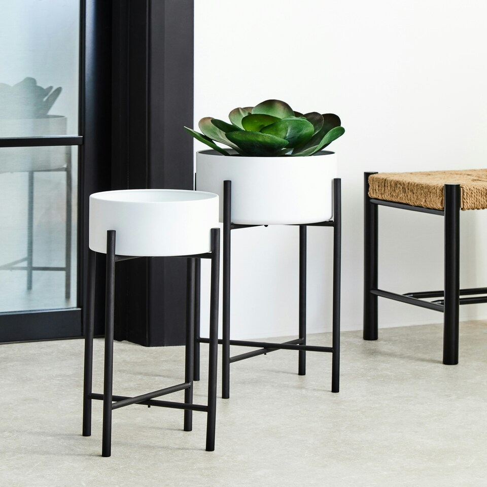image 1 of Interiors by Premier Contemporary Design Large White And Black Floor Standing Planter, Sturdy And Durable Outdoor Pot For Flowers White