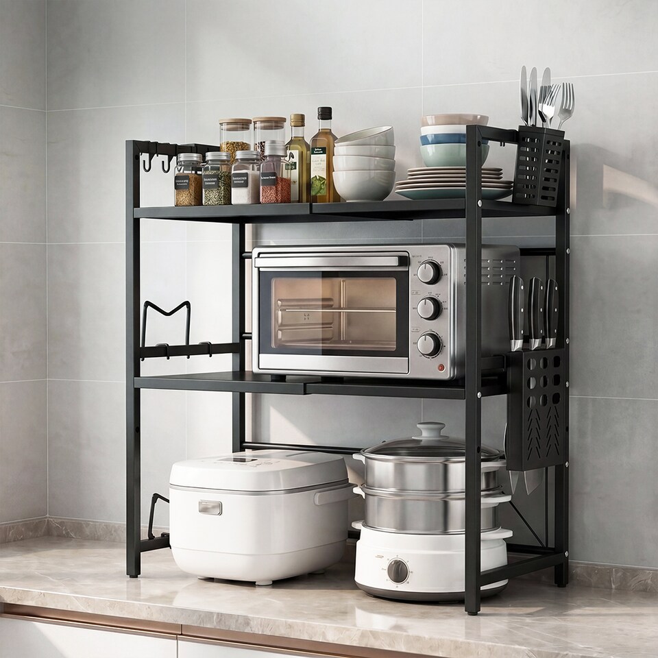 image 1 of TOQUE 3 Tier Expandable Microwave Oven Rack Stand Kitchen Storage Shelf Black