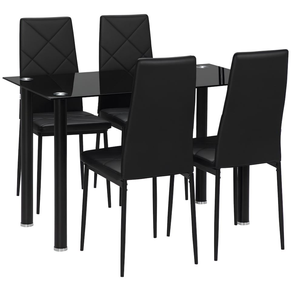 image 1 of HOMCOM Dining Table and Chairs Set 4, Space-Saving Kitchen Table and Chairs Set 4 with Faux Leather Padded Seat and Tempered Glass Top, Dining Room Sets, Black