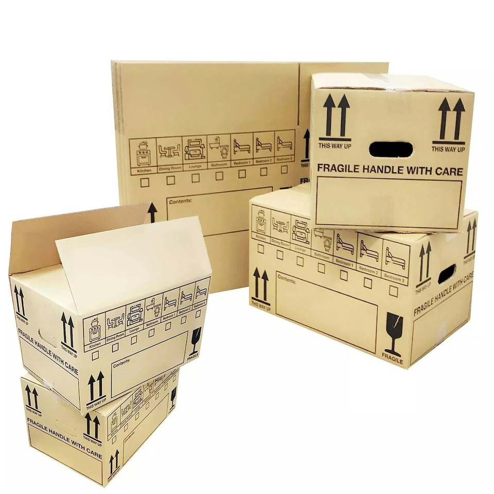 image 1 of 10 x Large 18 x 12 x 10" Printed House Removal Strong Cardboard Boxes With Carry Handles Brown