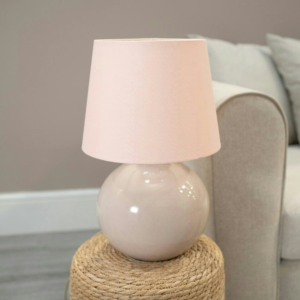 image 1 of ValueLights Bosco Natural Stone Globe Ceramic Table Lamp with Pink Fabric Tapered Lamp Shade