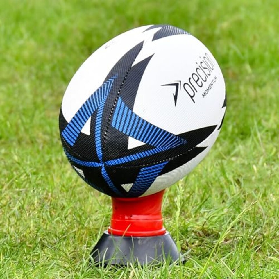 image 1 of Precision Momentum Rugby Training Ball, Premium Rubber, Hand-Stitched, All-Weather Grip, Extra Strong, Ideal For Clubs And Schools, White|Black|Blue, Size 5