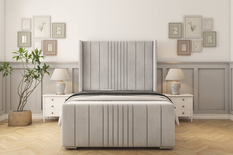 image 1 of Sloomy Hargrave Silver Naples Bed Frame With 50"  Upholstered Wingback Headboard 2'6 Small Single
