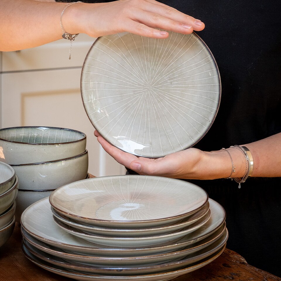 image 1 of Scandi Home 16 Piece Fika Oatmeal Artisan Glaze Ceramic Tableware Set