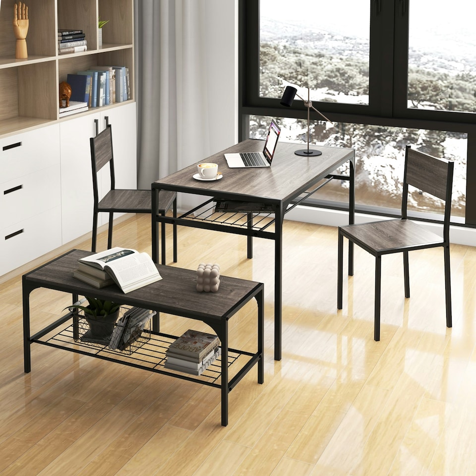 image 1 of COSTWAY 4-piece Dining Set Table with Chairs & Bench Grey Grey
