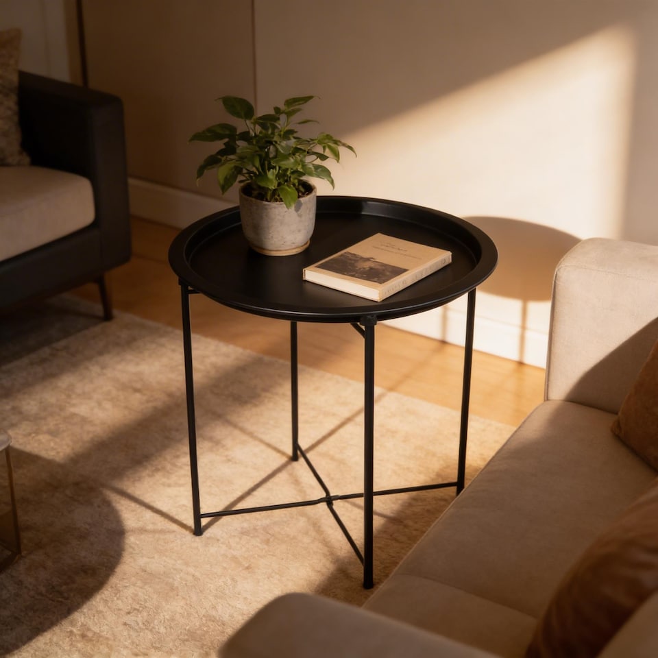 image 1 of Harbour Housewares Round Steel Tray Tables - Matt Black - Pack of 2