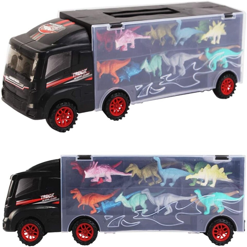 image 1 of Dinosaur Transporter Truck Carry Case Playset – Includes 12 Dinosaur Figures & Mini Race Car – Portable Toy Organizer with Slide Ramp for Kids