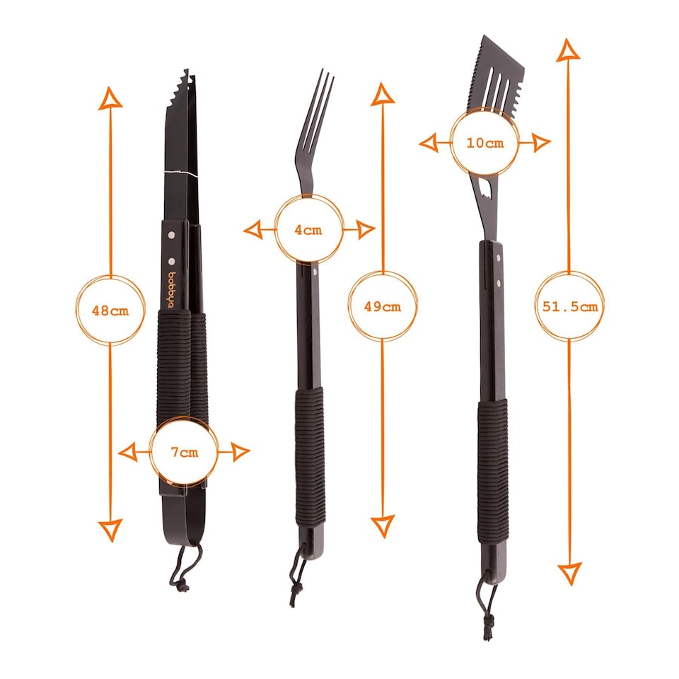 image 1 of BobbyQ 3pc Grey Rope Wooden BBQ Tools Set - Outdoor Kitchen Camping Barbecue Grill Cooking Utensils Accessories Gift Kit for Men with Bag