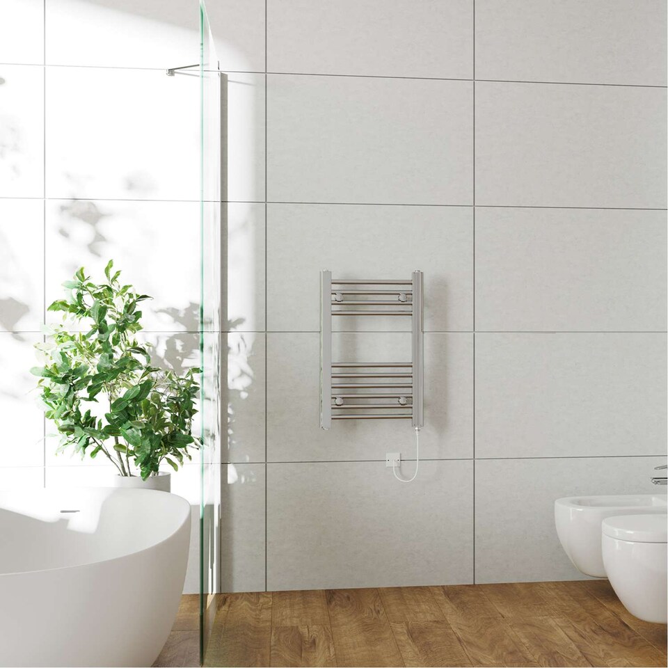 image 1 of Zennor Straight Electric Towel Rail Standard Heated Bathroom Radiator - Chrome (H) 600mm x (W) 400mm