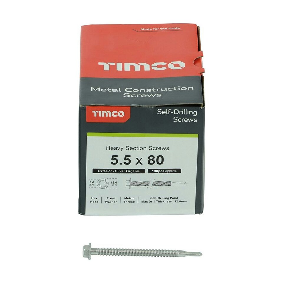 image 1 of Timco - Metal Construction Heavy Section Screws - Hex - Self-Drilling - Exterior - Silver Organic (Size 5.5 x 80 - 100 Pieces)