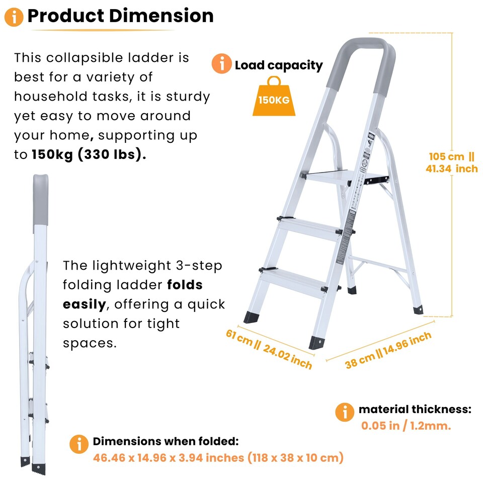 image 1 of Lightweight Step Ladders - Compact Aluminium Stepladder with Non-Slip Wide Step, Portable Silver Color - Tall Folding Ladder with Platform Silver | 3- Step 105 cm