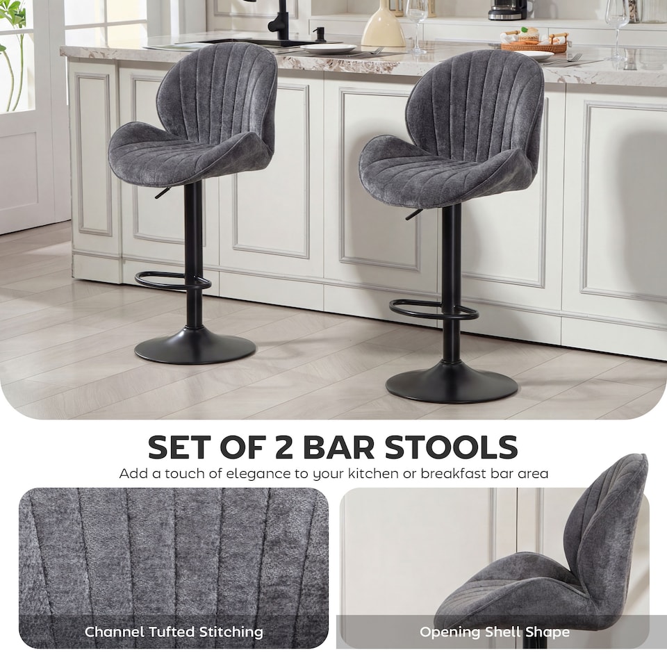 image 1 of HOMCOM Modern Bar Stools Set of 2, Swivel Counter Height Barstools | Grey | Grey | Adjustable height bar stool