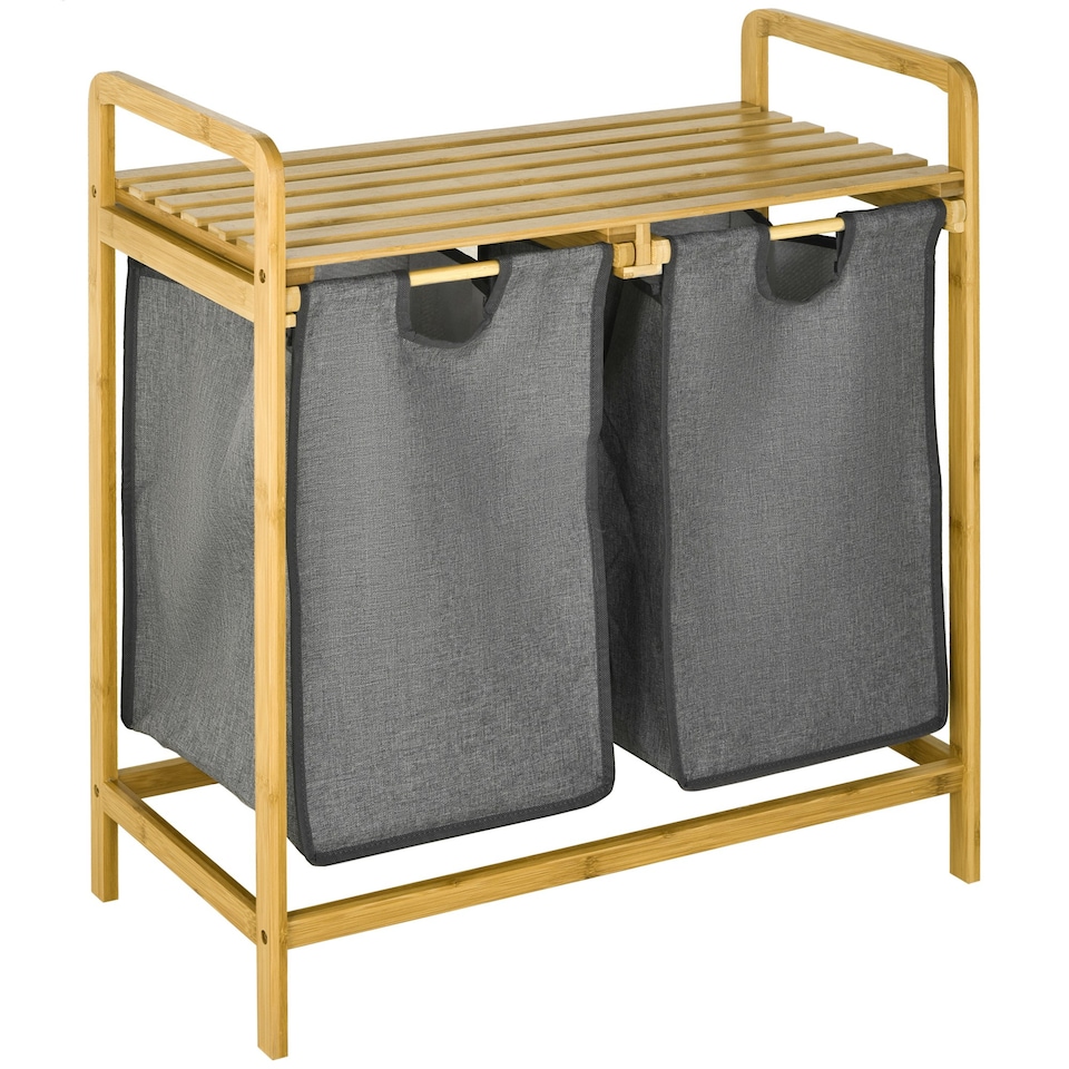 image 1 of HOMCOM Bamboo Laundry Basket with Shelf Pull-out Bags for Bedroom Laundry Room
