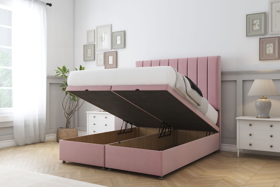 image 1 of Sloomy Kansas Pink Plush Ottoman Bed Base With 54" Floor Standing Headboard 6' Super King | Pink | Pink | Super King | 1