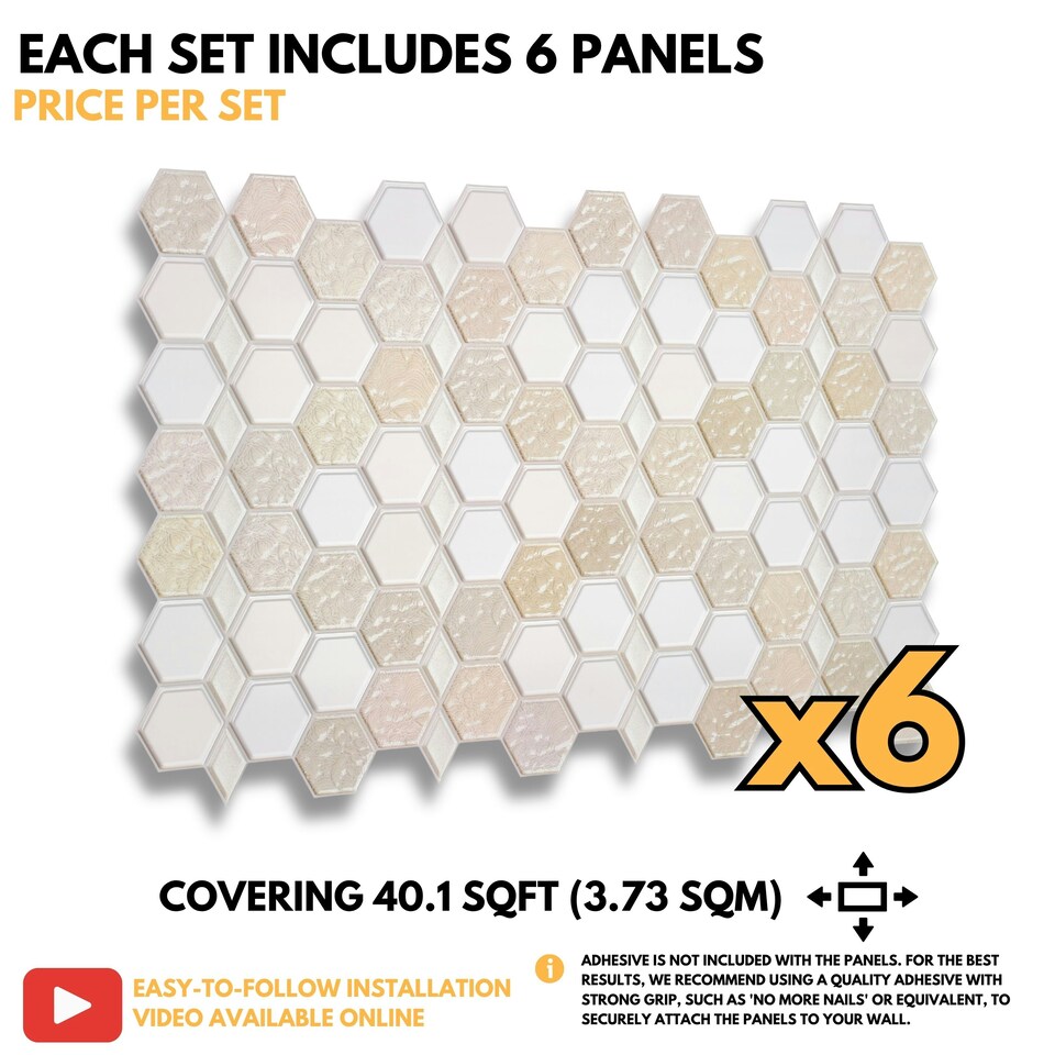 image 1 of NOVECRAFTO 3D Honeycomb Wall Panels Beige/Cream/Caramel – Glitter Tile Effect – Set of 6 PVC Sheets – 3.72m² (40.26sqft) – Kitchen & Bathroom Cladding