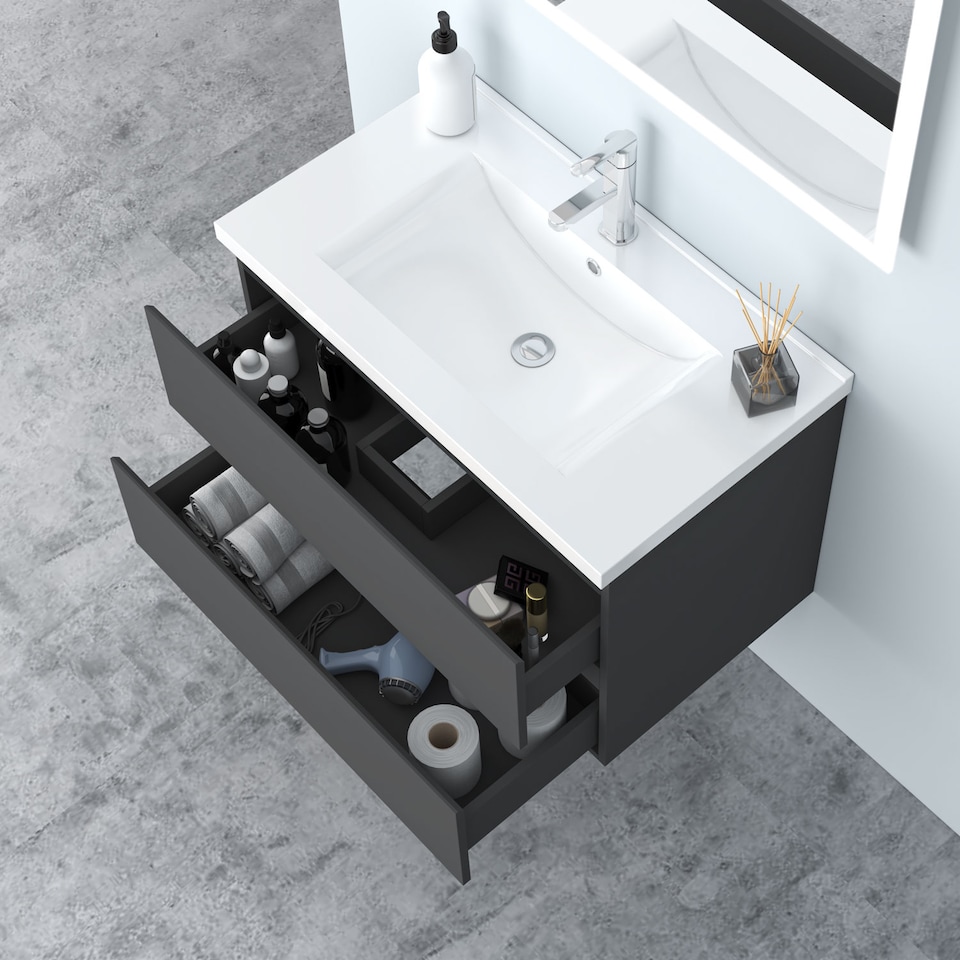 image 1 of AICA 800mm Wall Mounted Bathroom Vanity Unit With Ceramic Basin,2 Soft Close Drawers for Storage,White,Flat packed