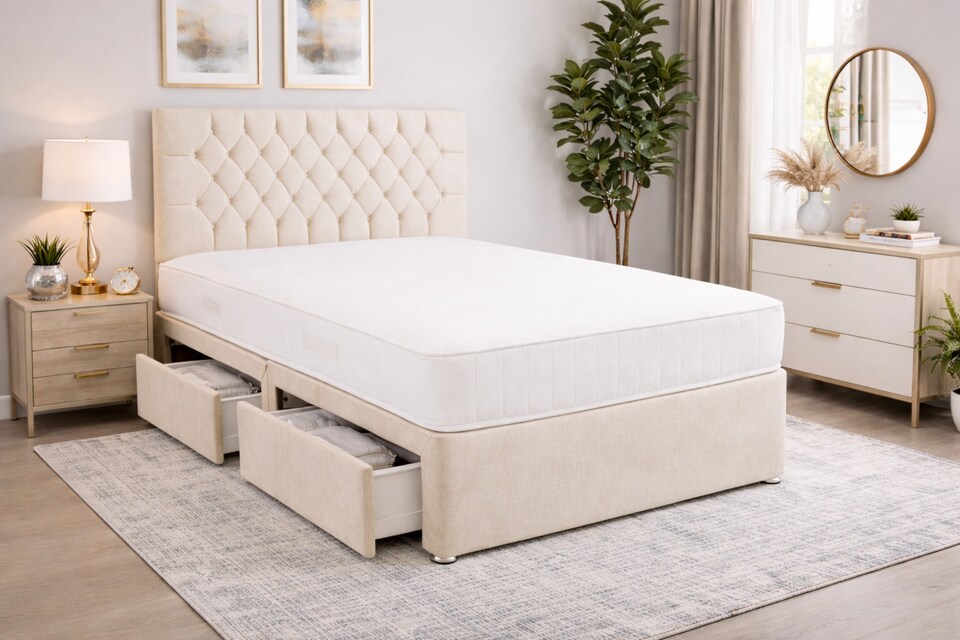 image 1 of 4FT6 Double Pastel Cream Coniston Divan Bed Set with Headboard & Orthopedic Mattress No Drawers