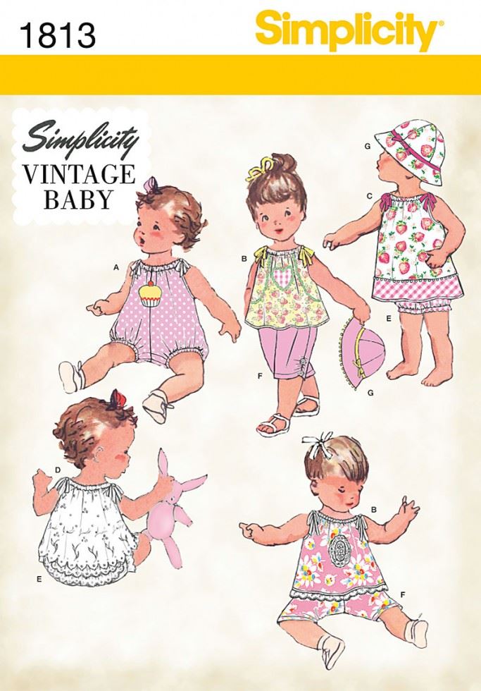 Simplicity 1813 Paper Sewing Pattern â Baby Dresses, Headwear, Trousers, Jumpsuits, Shorts, Tops & Vintage Style, Sizes XXSâXSâSâMâL, Interm