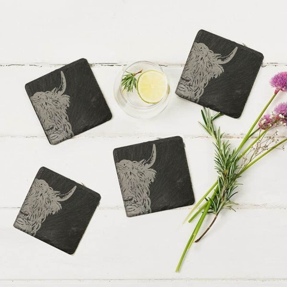 image 1 of The Just Slate Company Set of 4 Highland Cow Slate Coasters