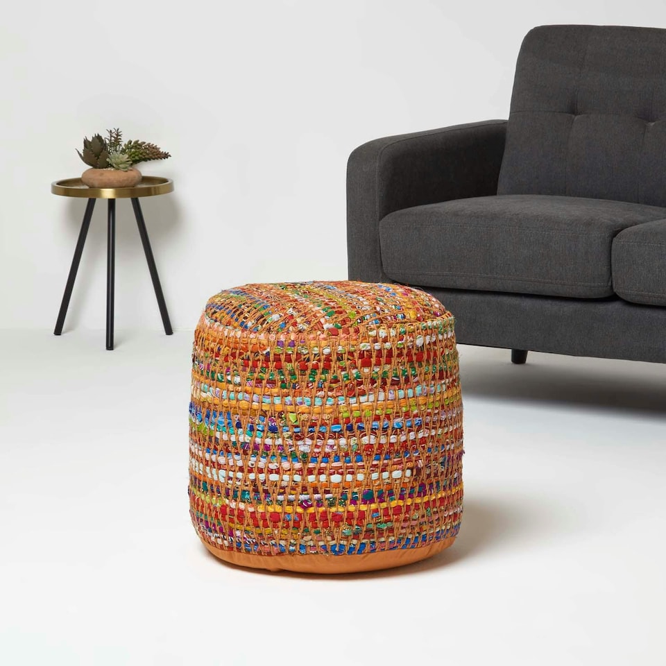 image 1 of Homescapes Red and Multi-Colour Chindi Design Circular Bean Filled Pouffe | Multi | 45 x 40 cm