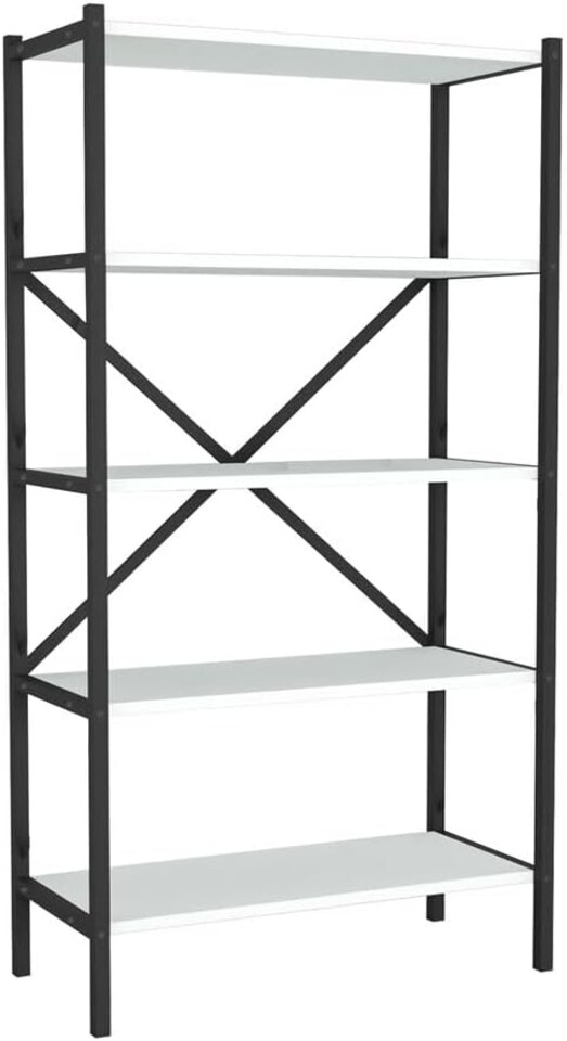 image 1 of 5-Shelf Wood Bookcase Unit With Metal Frame Home Decor Storage and Shelving | White | White | 1