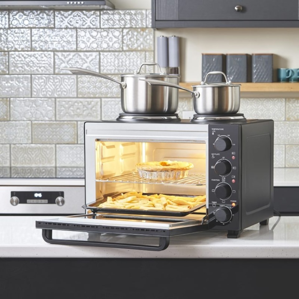 image 1 of Cooks Professional Mini Oven 34 Litre with 2 Hobs | 34 Litre | Powerful 1500W | Black Contemporary