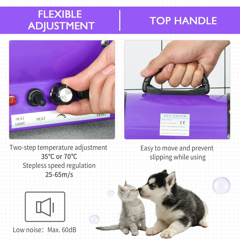 image 1 of PawHut 2800W Dog Hair Dryer Pet Grooming Blaster Blower Dryer 3 Nozzles, Purple