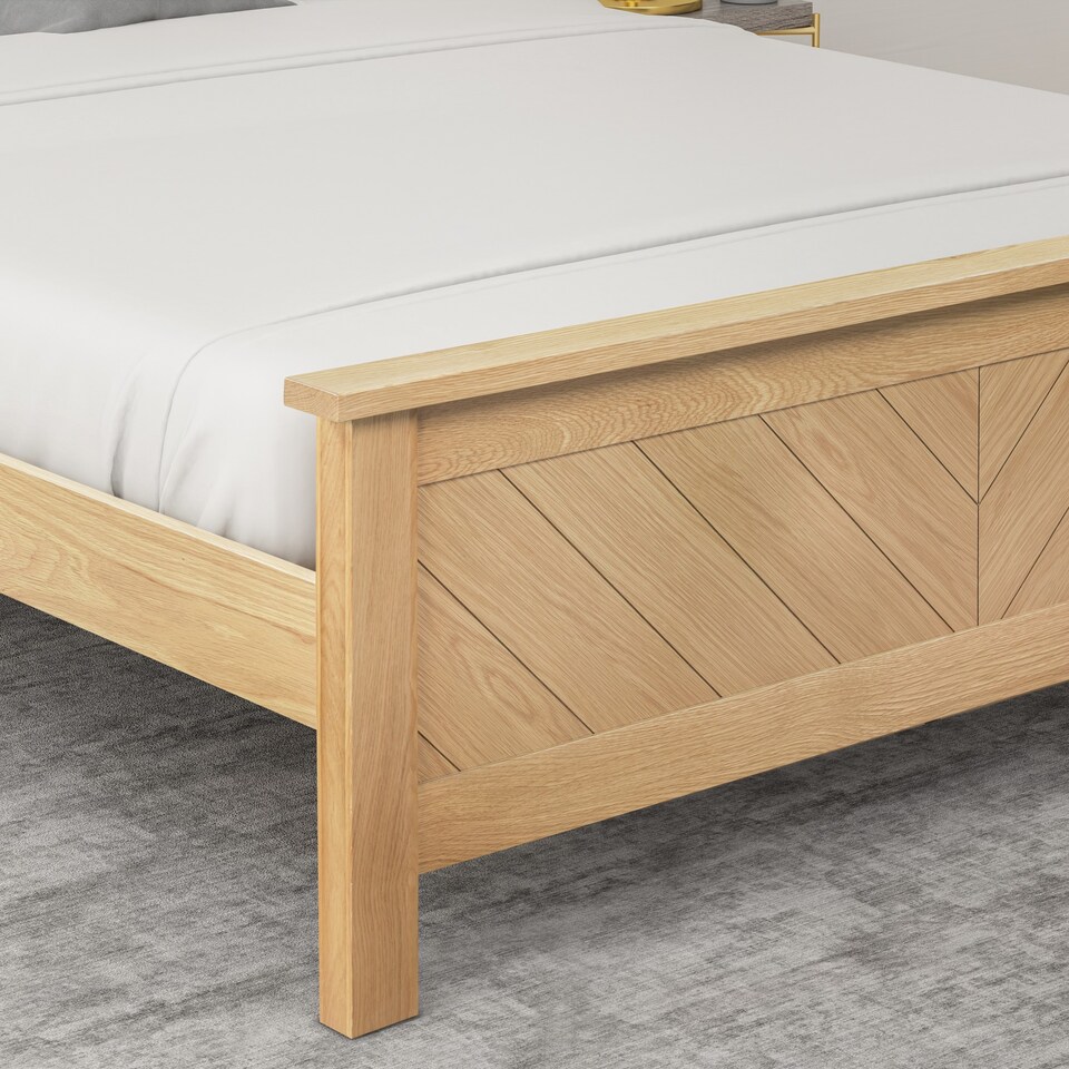 image 1 of 6ft Super King Real Oak Wood Bed Frame.Chevron Solid Panel Wooden Bed Frame Bedstead